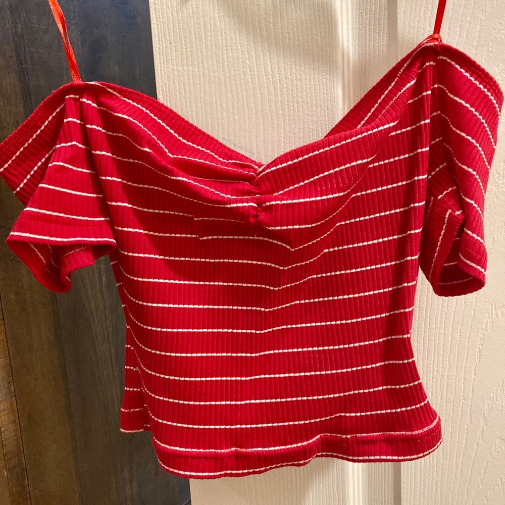 Red striped off the shoulder crop top